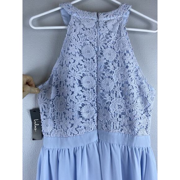 Lulus Sz Small Lover's Game Baby Blue Lace Chiffon Halter Skater Dress - Picture 7 of 16